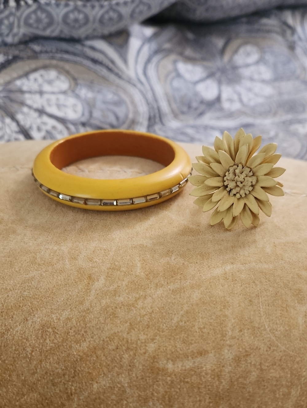 Vintage Yellow Resin Bangle with Clear Rhinestone Row & Leather Flower Ring